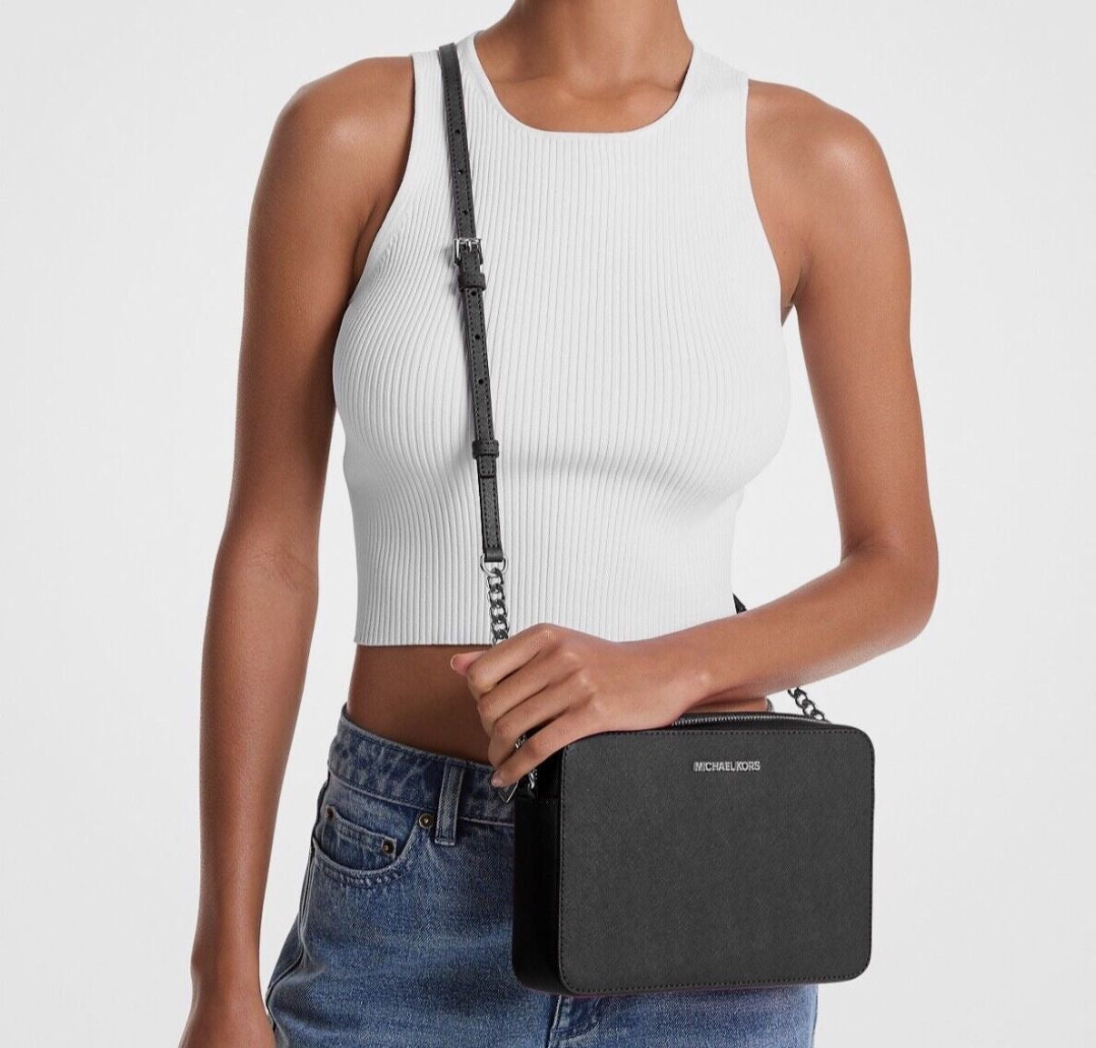 CROSSBODY MICHAEL KORS JETSET NEGRO SILVER CUERO