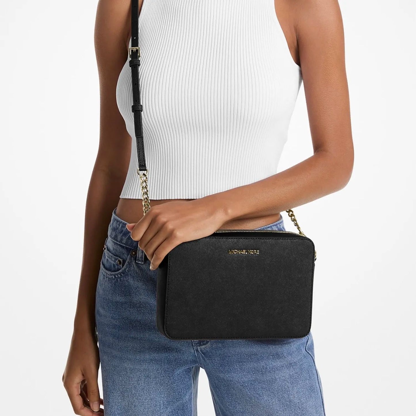 CROSSBODY MICHAEL KORS JETSET NEGRO DORADO CUERO